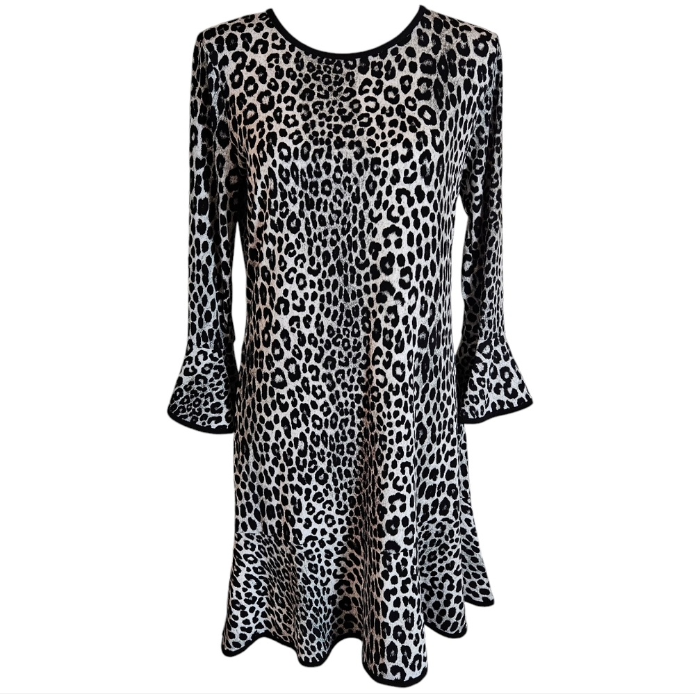 Michael Michael Kors Leopard Animal Print Dress Sz Medium Bell Sleeve Ruffle Hem